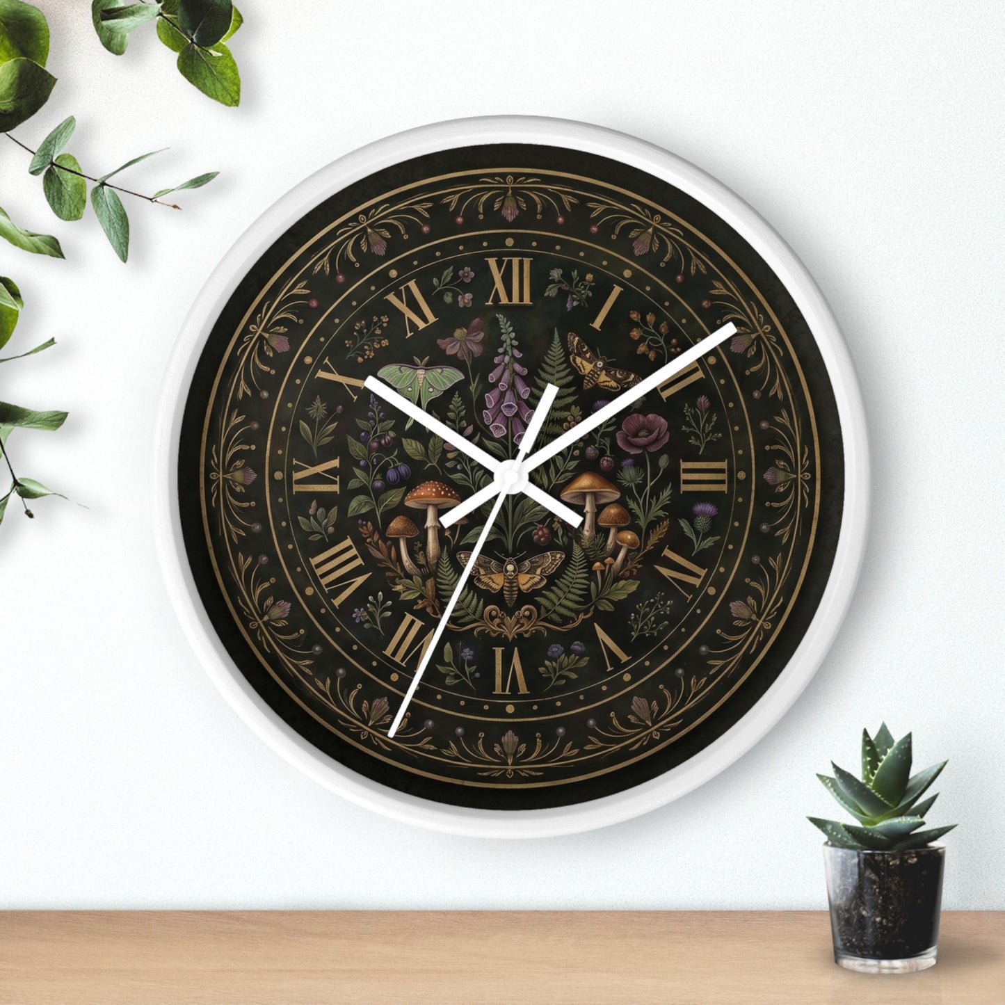 Moth & Mushroom Floral Wall Clock | Botanical Roman Numeral Timepiece