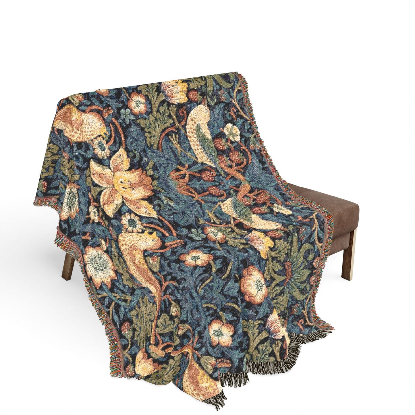 William Morris Style Bird and Floral Woven Blanket | Tapestry Throw