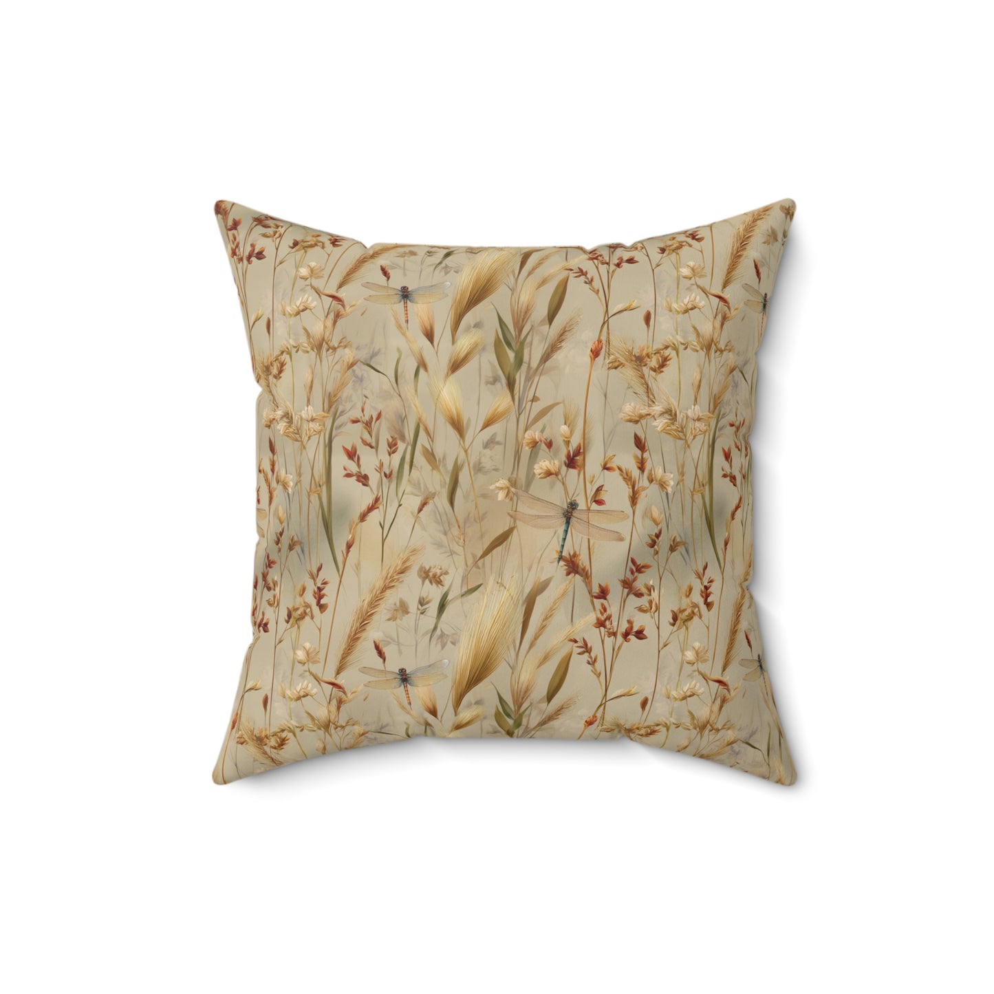Neutral Botanical Print Pillow | Dried Wildflower Dragonfly Pattern, Square Throw Pillow