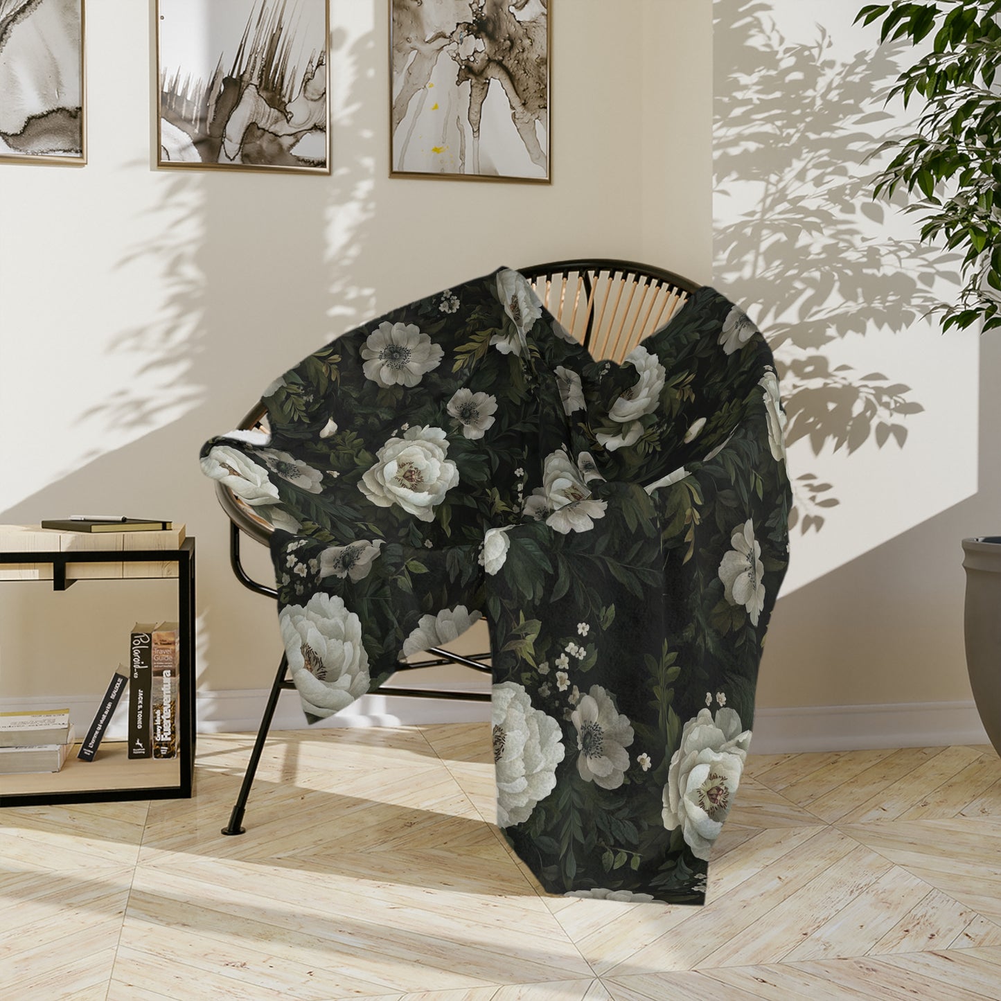 Vintage White Rose Floral Velveteen Microfiber Blanket | Dark Botanical Pattern