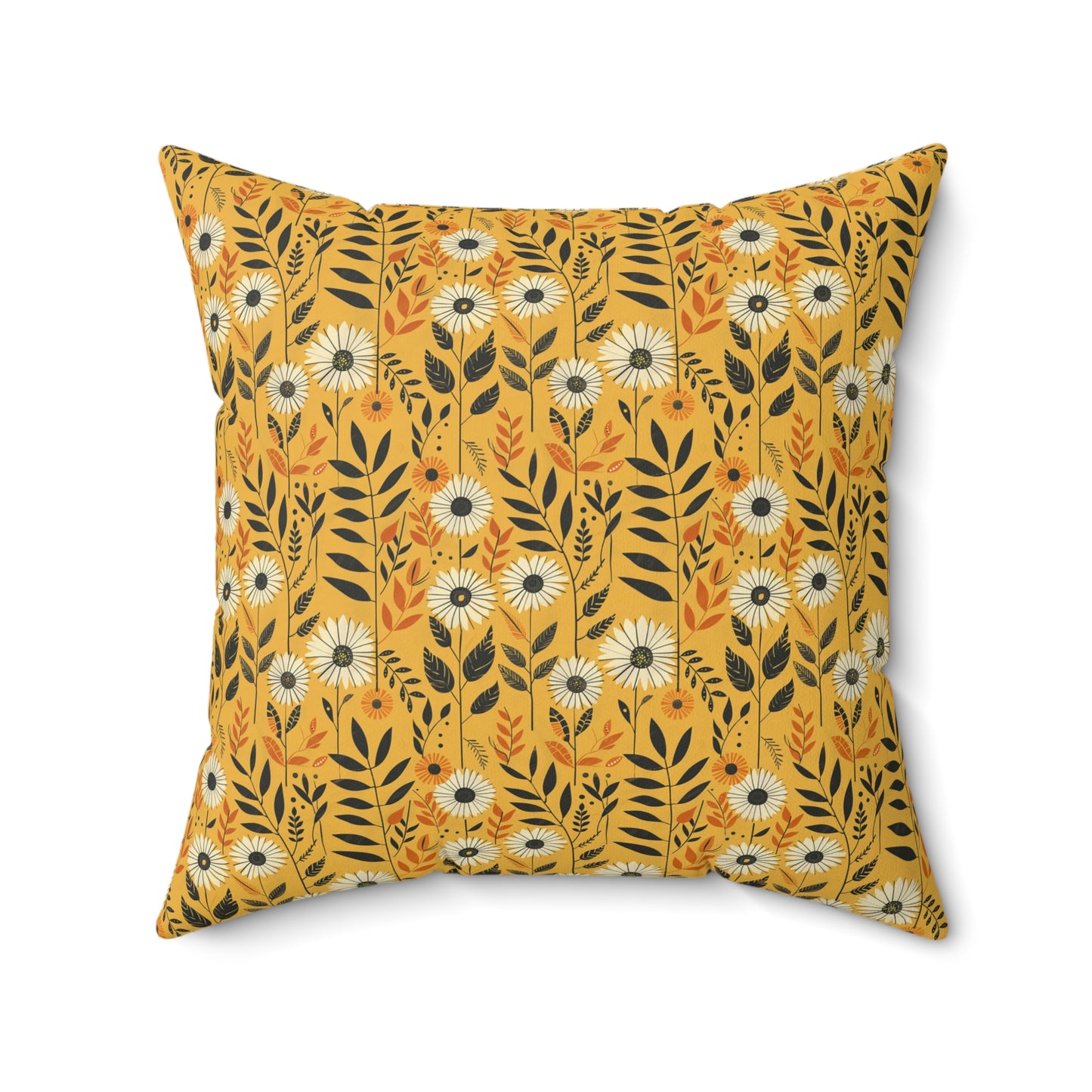 Yellow Floral Pattern Pillow | Daisies and Leaves Square Pillow