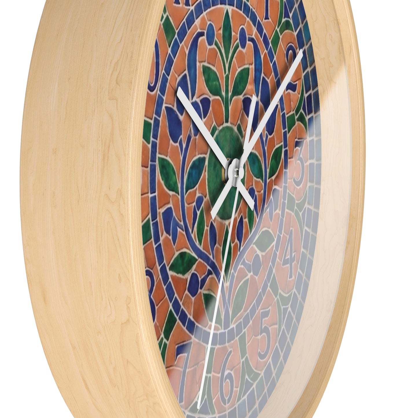 Mosaic Style Wall Clock - Terracotta Azure Blue Floral Print, Mediterranean Botany Decor