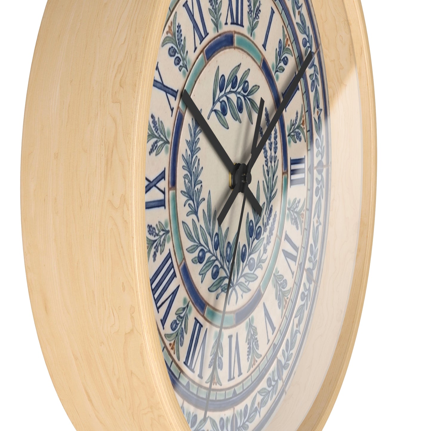 Blue Olive Wreath Wall Clock | Roman Numerals, Ceramic Tile Style