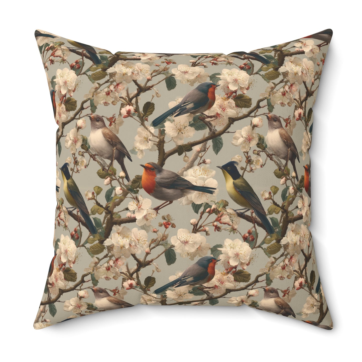 Vintage Floral Songbirds Pillow | Botanical Bird Pattern Square Pillow