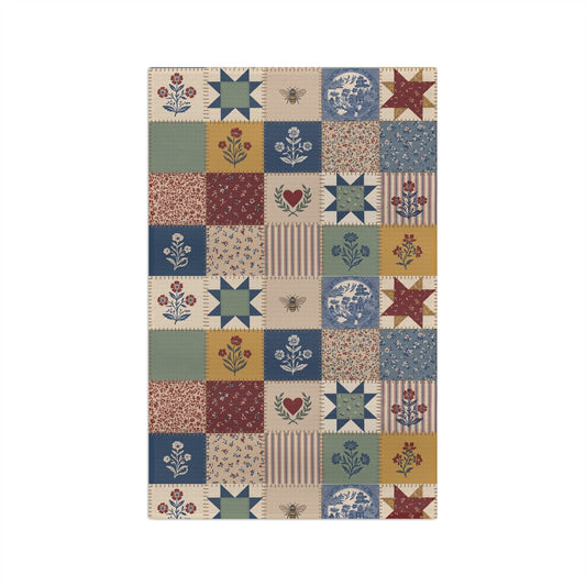 Country Quilt Patchwork Microfiber Tea Towel | Folk Floral Stars Patch Design