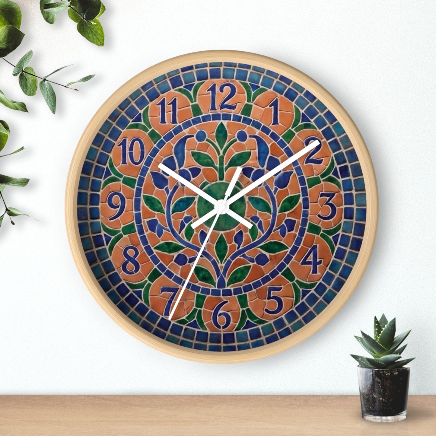 Mosaic Style Wall Clock - Terracotta Azure Blue Floral Print, Mediterranean Botany Decor