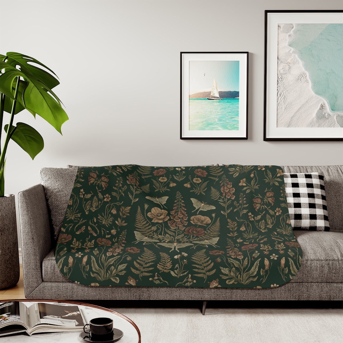 Vintage Floral Woodland Dark Sherpa Blanket | Botanical Pattern, Dark Green