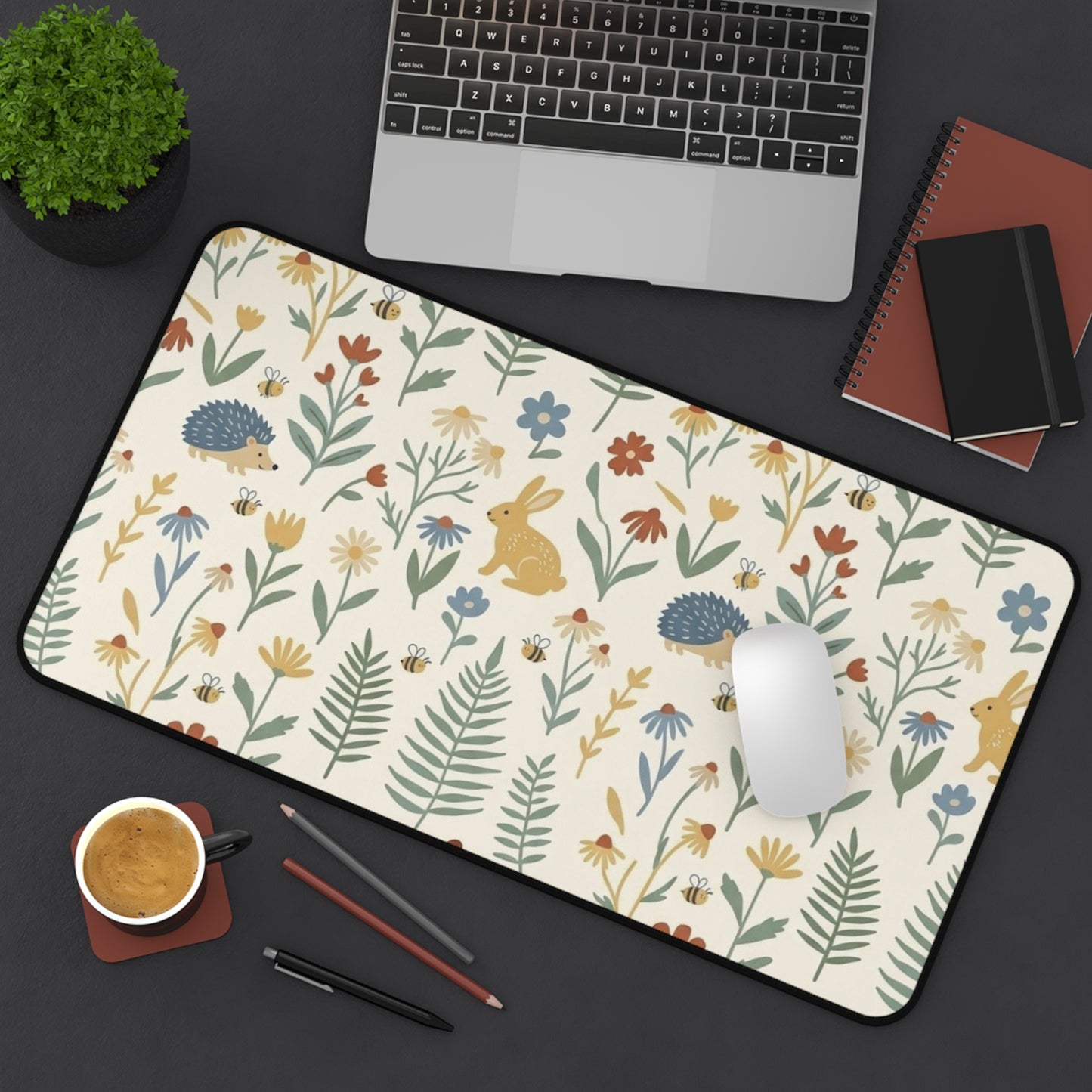 Woodland Rabbits and Hedgehogs Desk Mat | Floral Forest Mousepad