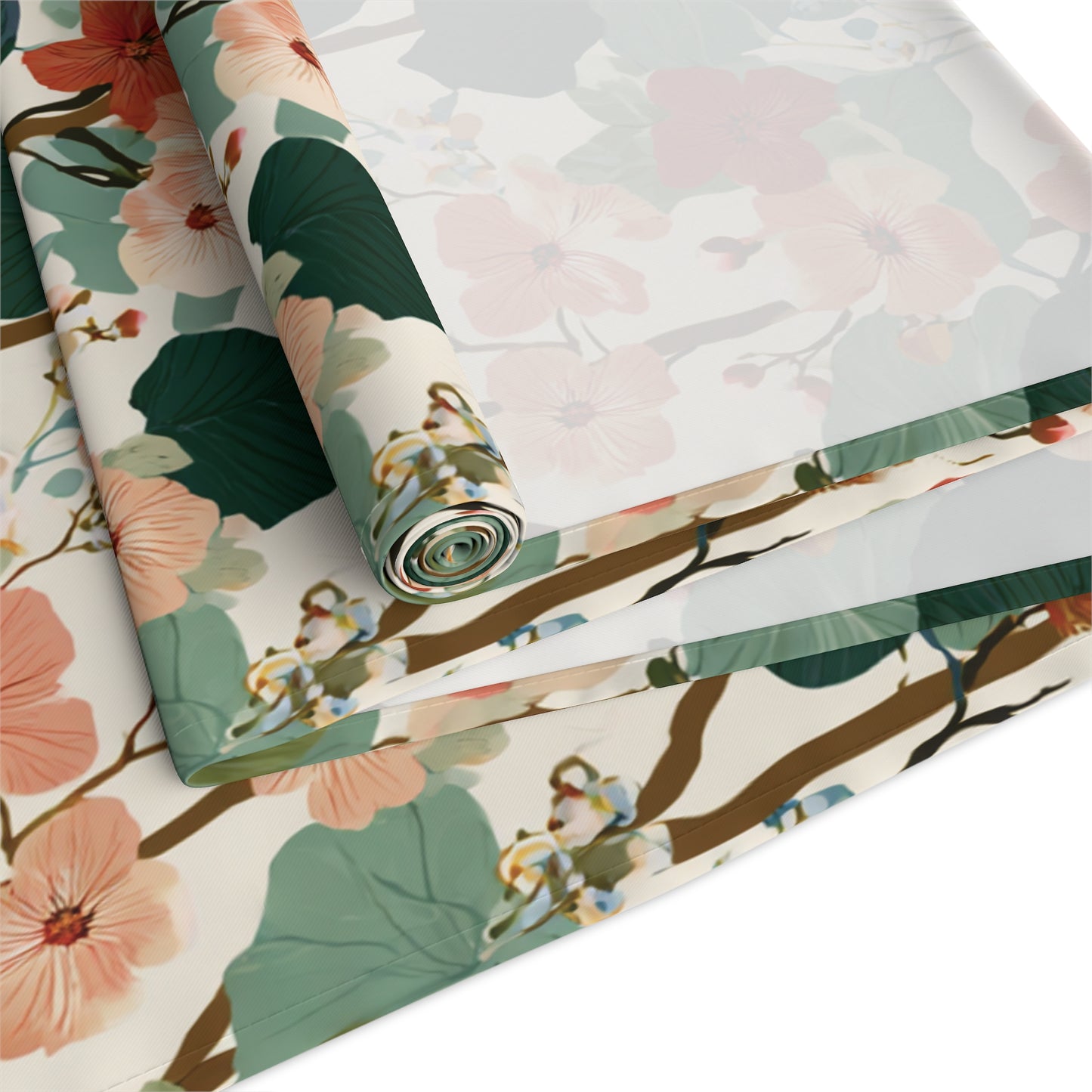 Vintage Floral Pattern Table Runner | Green Peach Cotton-Poly Blend