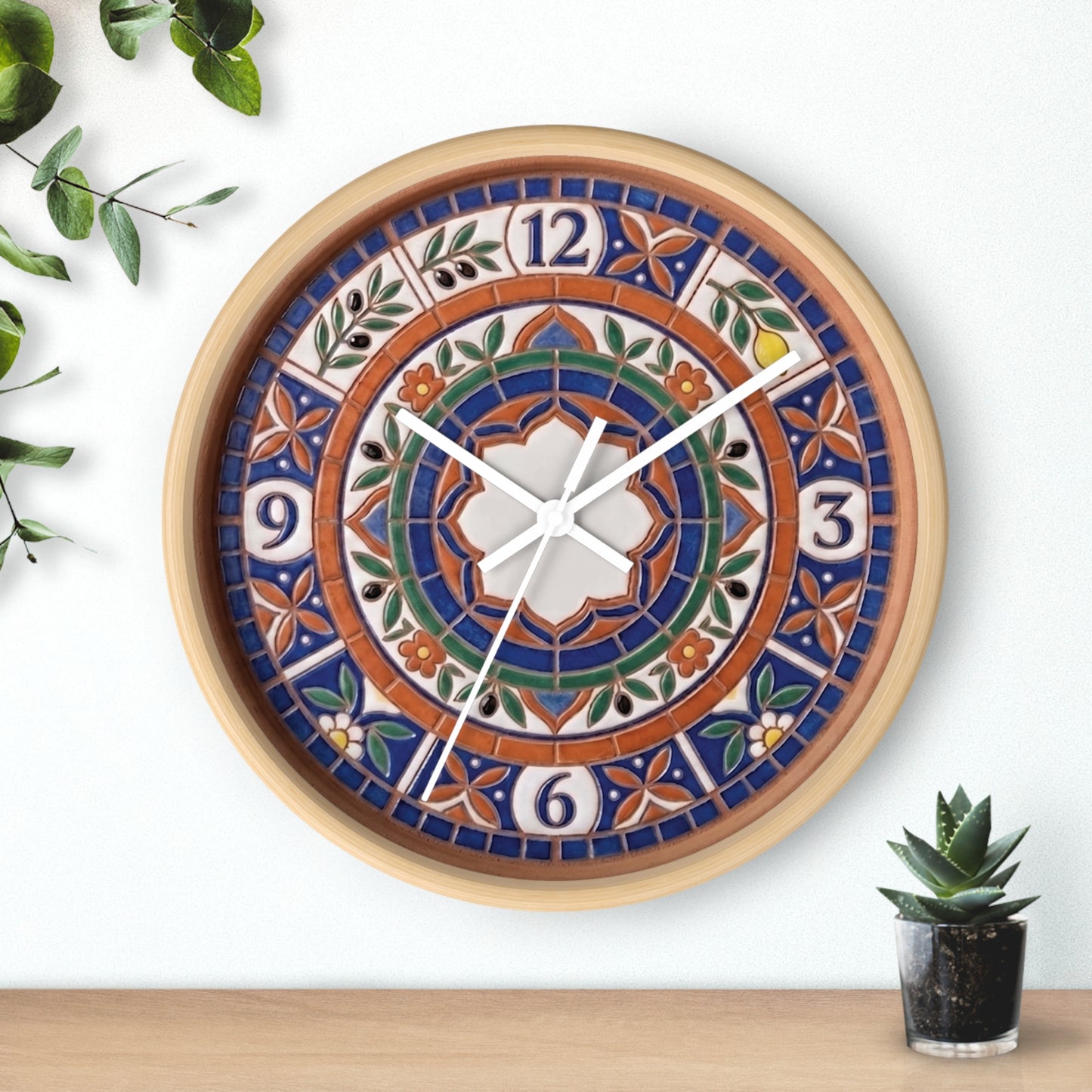 Mediterranean Mosaic Style Wall Clock - Terracotta Azure Blue Floral Faux Tile Botanical Decor