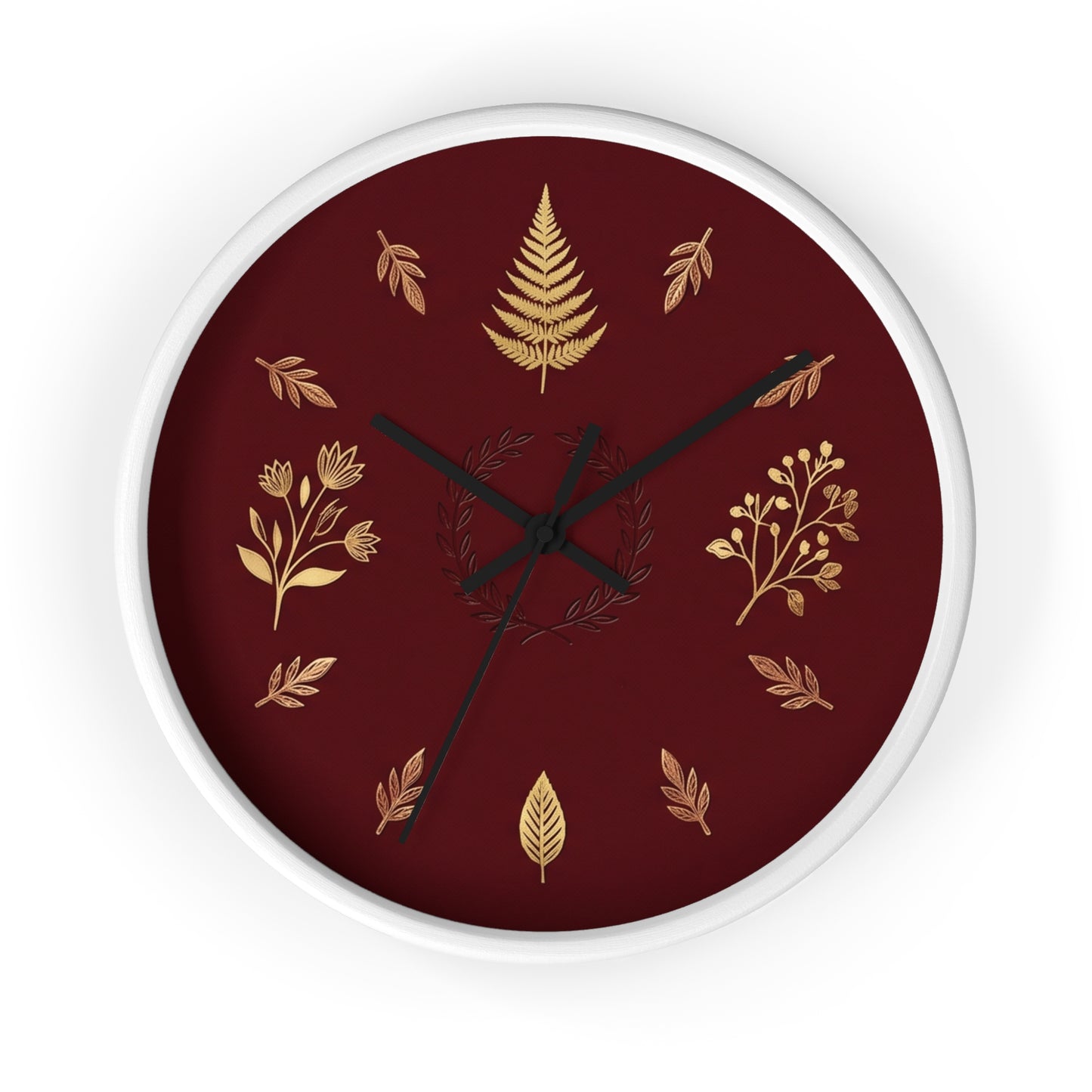 Gold Botanical Leaves Wall Clock | Maroon Floral Fern Home Decor