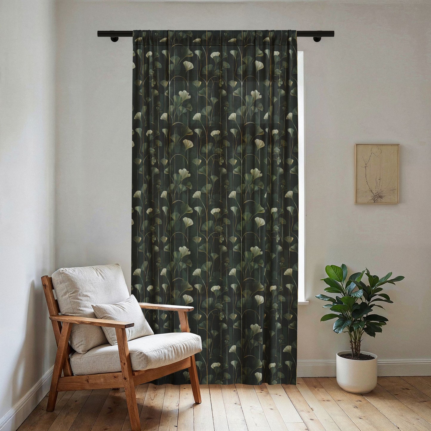 Dark Botanical Floral Sheer Window Curtain | Green Ginkgo Pattern