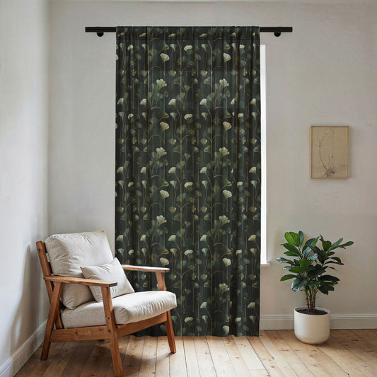Dark Botanical Floral Sheer Window Curtain | Green Ginkgo Pattern