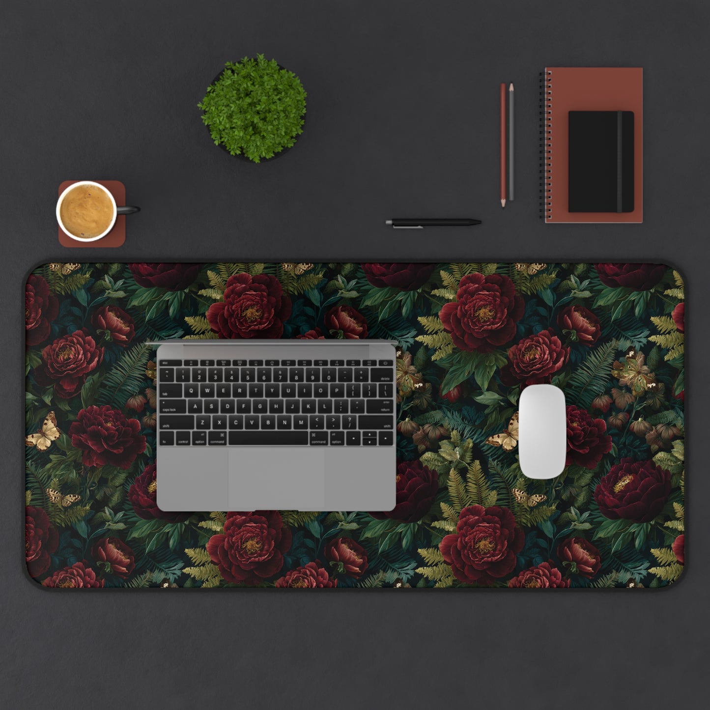 Dark Vintage Rose Desk Mat | Floral Pattern Mouse Pad, Victorian Botanical
