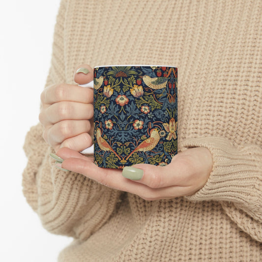 William Morris Style Strawberry Thief Pattern Mug | Bird Floral Ceramic Mug