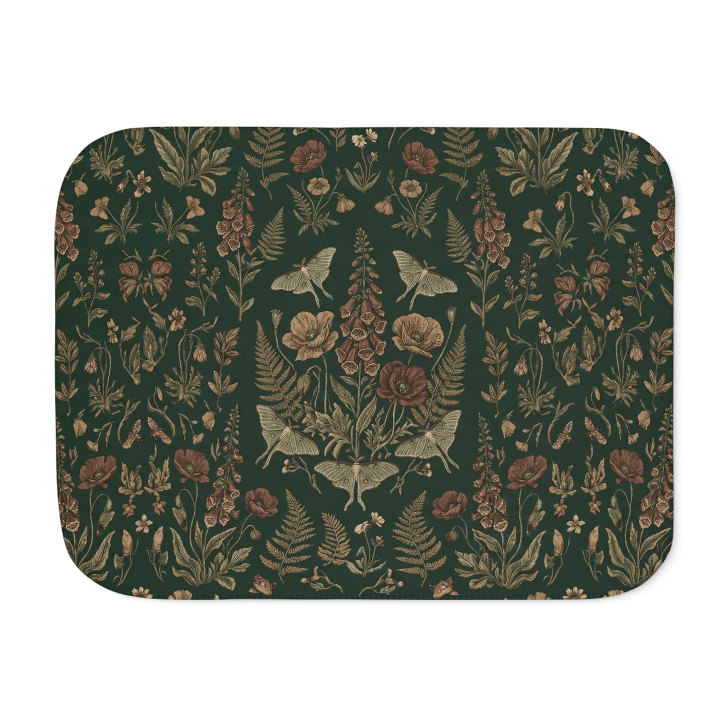 Vintage Floral Woodland Dark Sherpa Blanket | Botanical Pattern, Dark Green