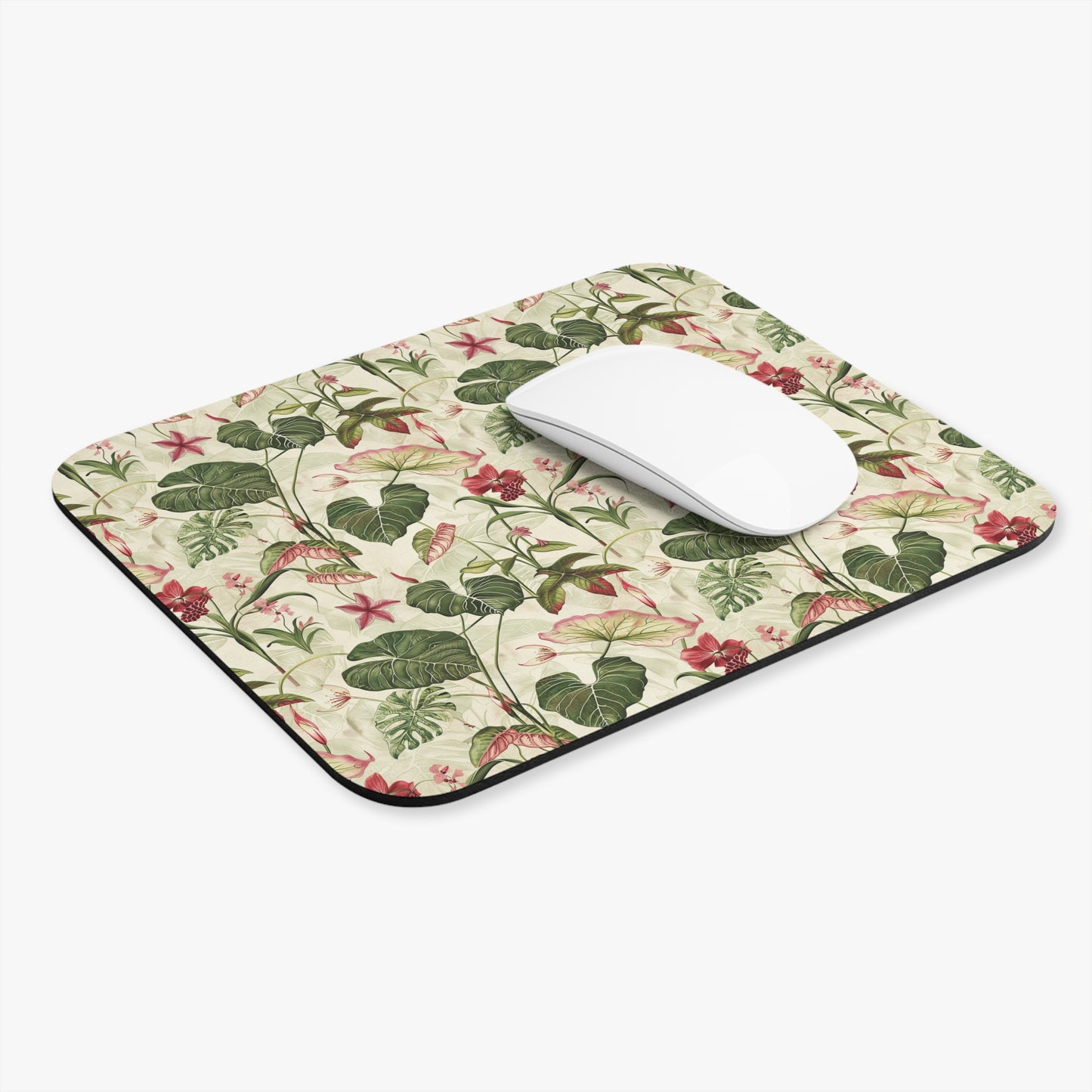 Vintage Tropical Pink Floral Mouse Pad | Botanical Leaves Pattern