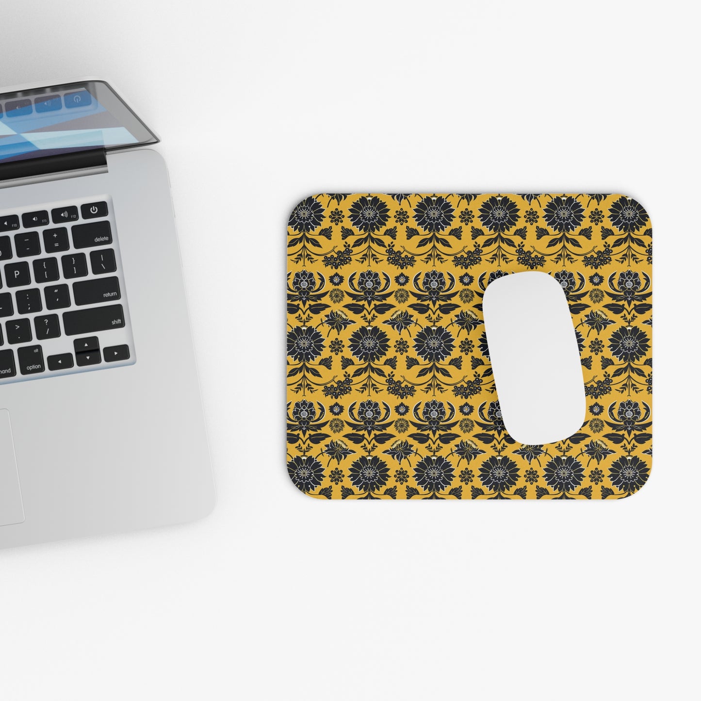 Black Damask Floral Pattern Mouse Pad | Yellow Background, Rectangle