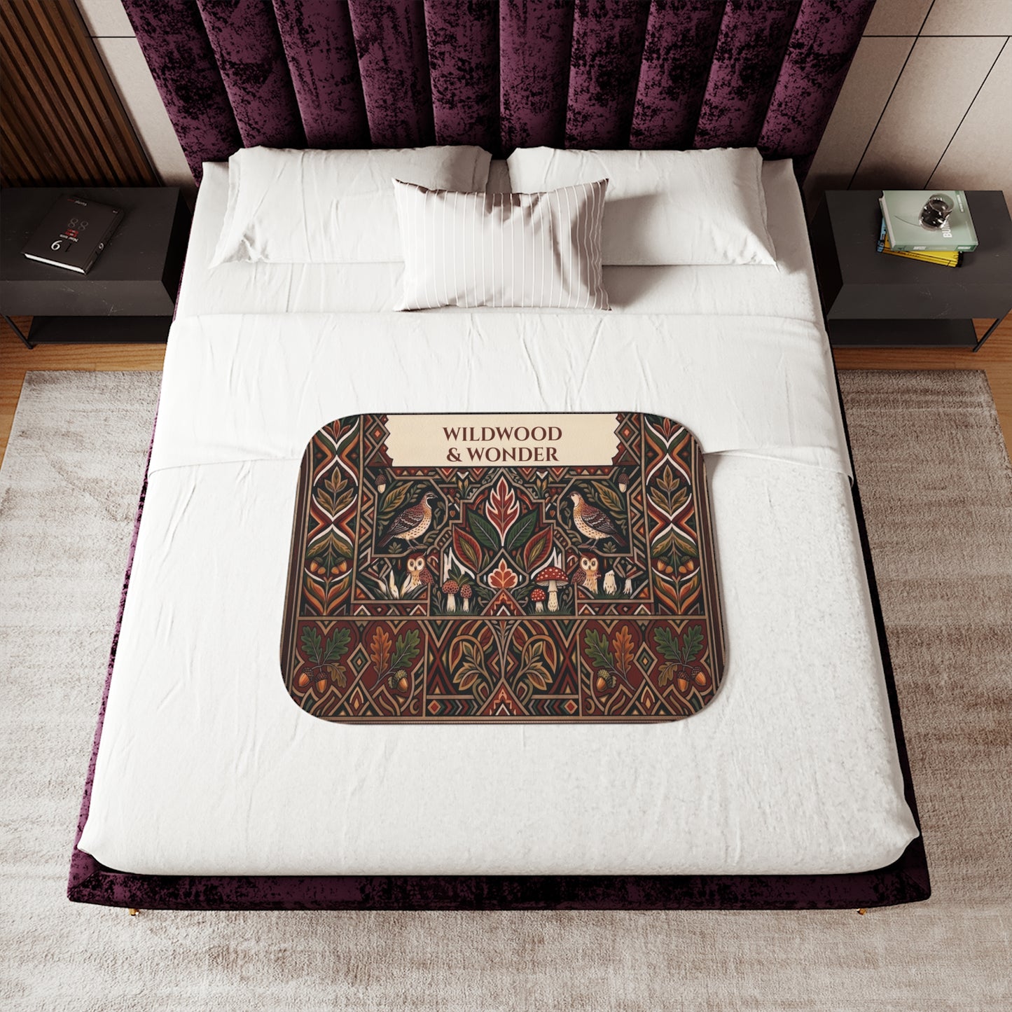 Autumn Bird and Botanical Pattern Sherpa Blanket, Personalized Text
