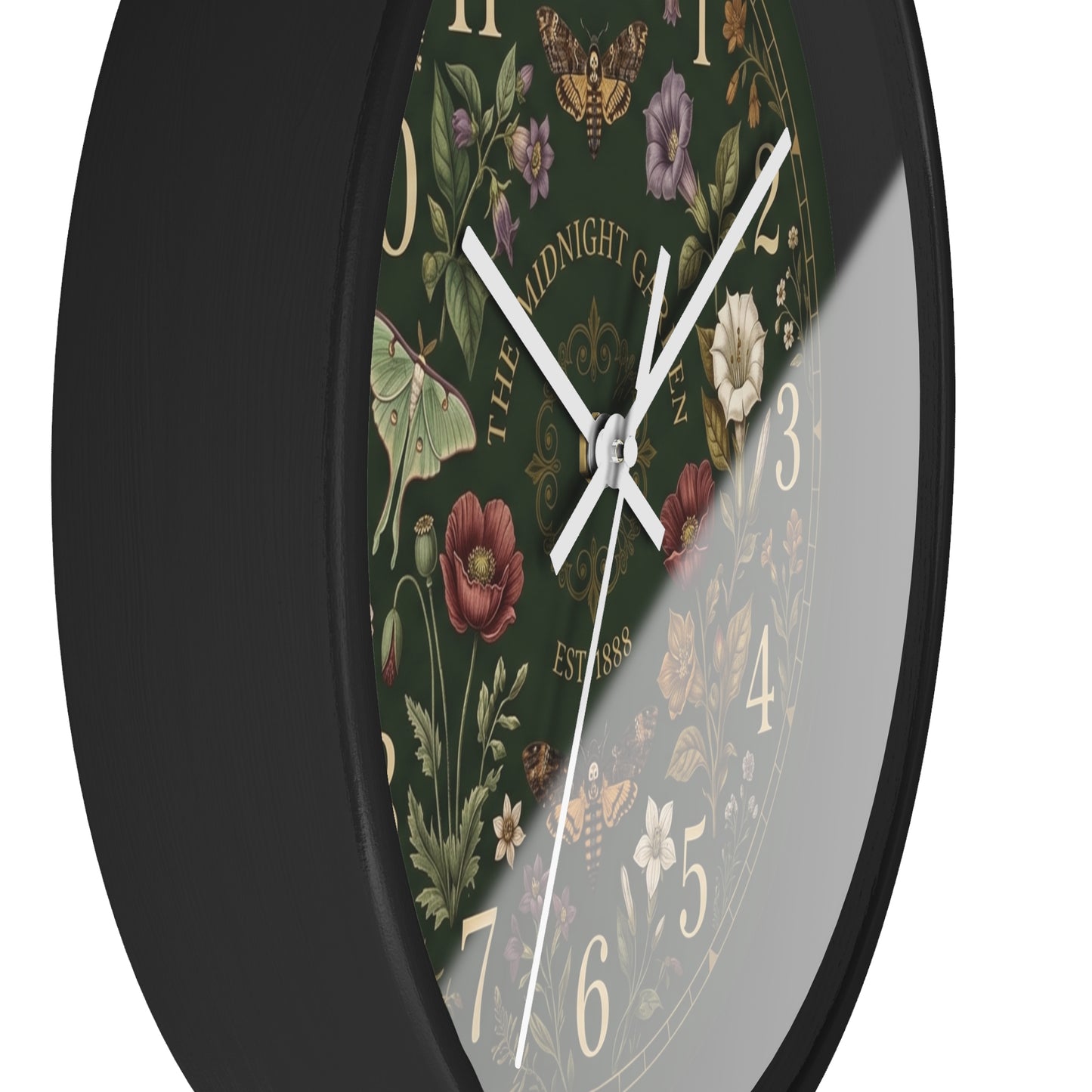 Vintage Floral Garden Clock | Botanical Wall Clock, Dark Green Floral Design