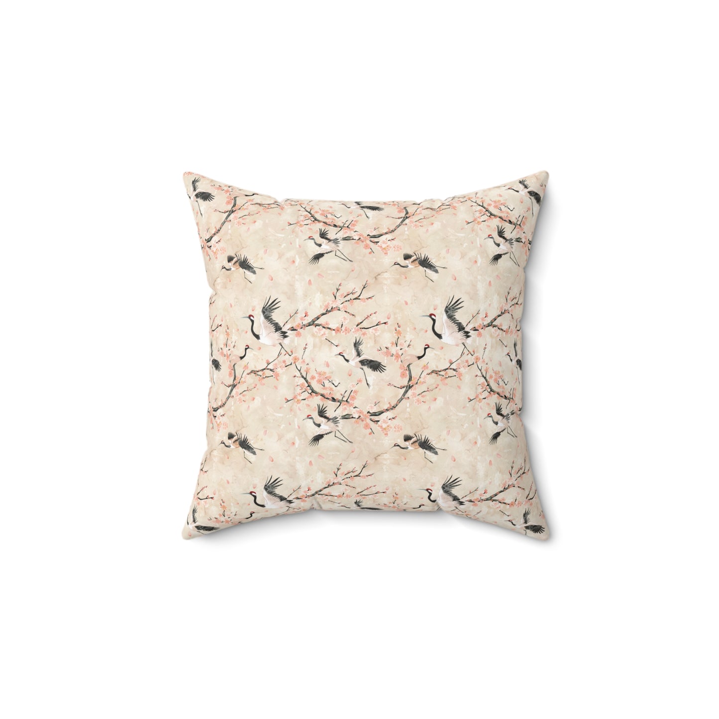 Cherry Blossom Crane Pillow | Floral Japanese Stork Pattern Square Pillow