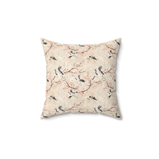 Cherry Blossom Crane Pillow | Floral Japanese Stork Pattern Square Pillow