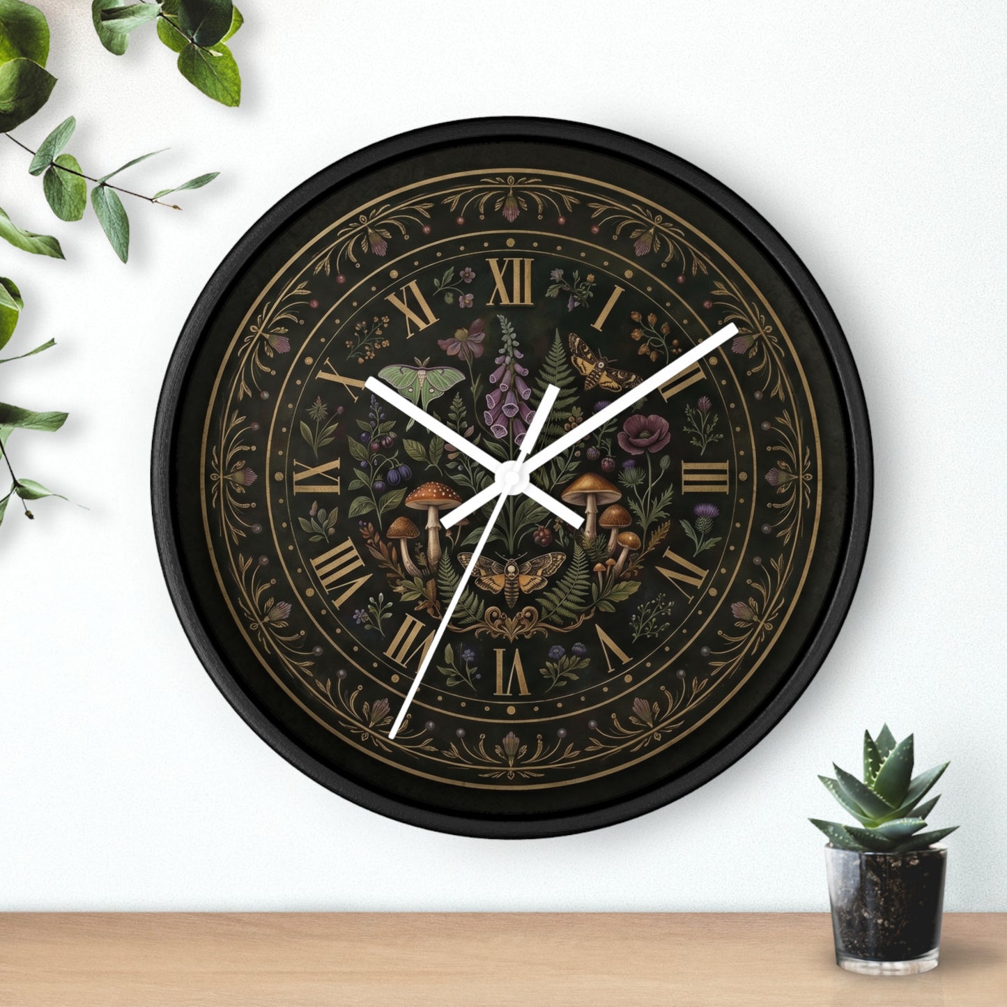 Moth & Mushroom Floral Wall Clock | Botanical Roman Numeral Timepiece