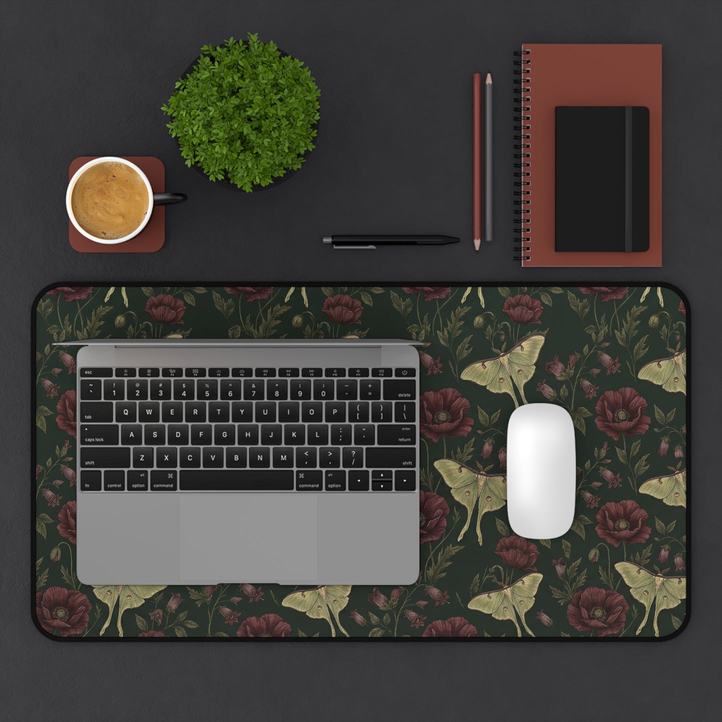 Vintage Moth and Roses Desk Mat | Dark Floral Mousepad Mat