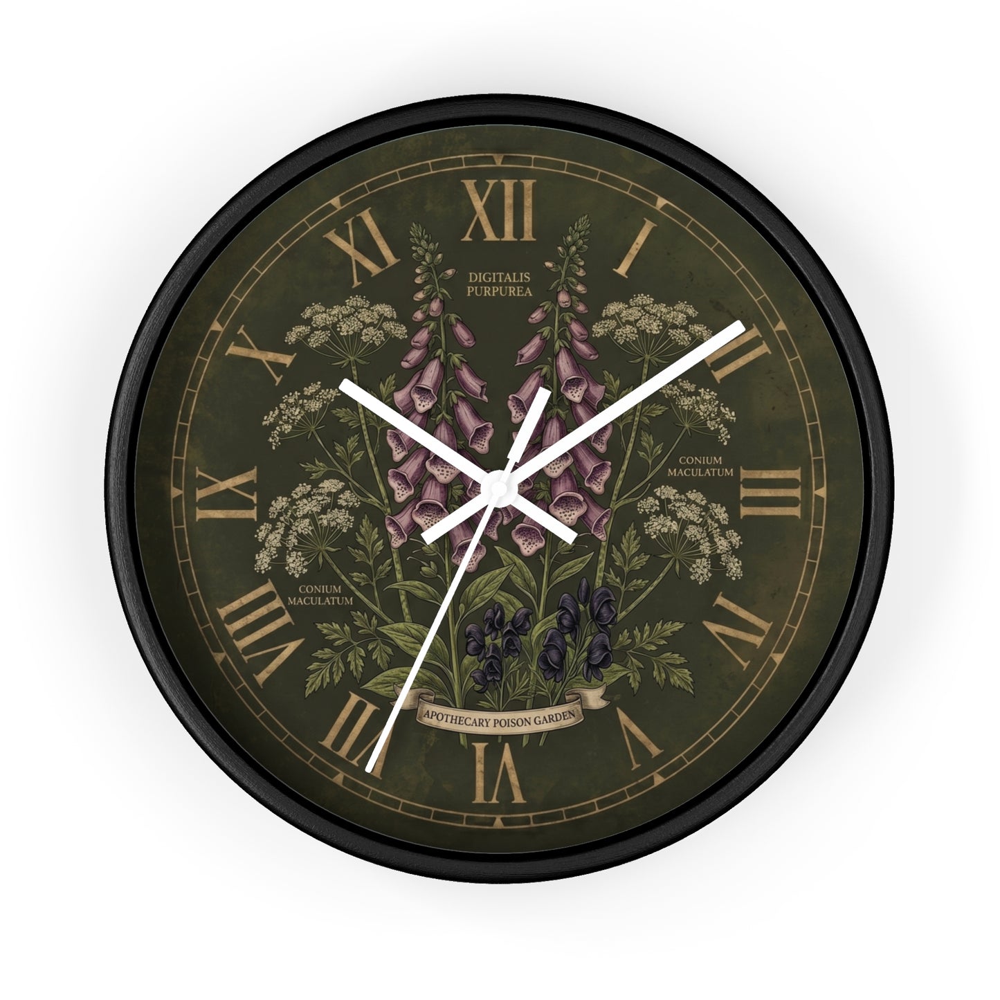 Vintage Botanical Foxglove Wall Clock | Apothecary Poison Garden, Roman Numerals, Dark Green Floral