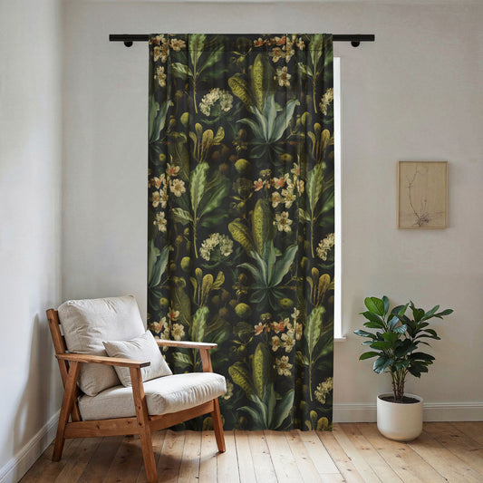 Vintage Botanical Floral Sheer Curtain | Dark Green Leaf Pattern