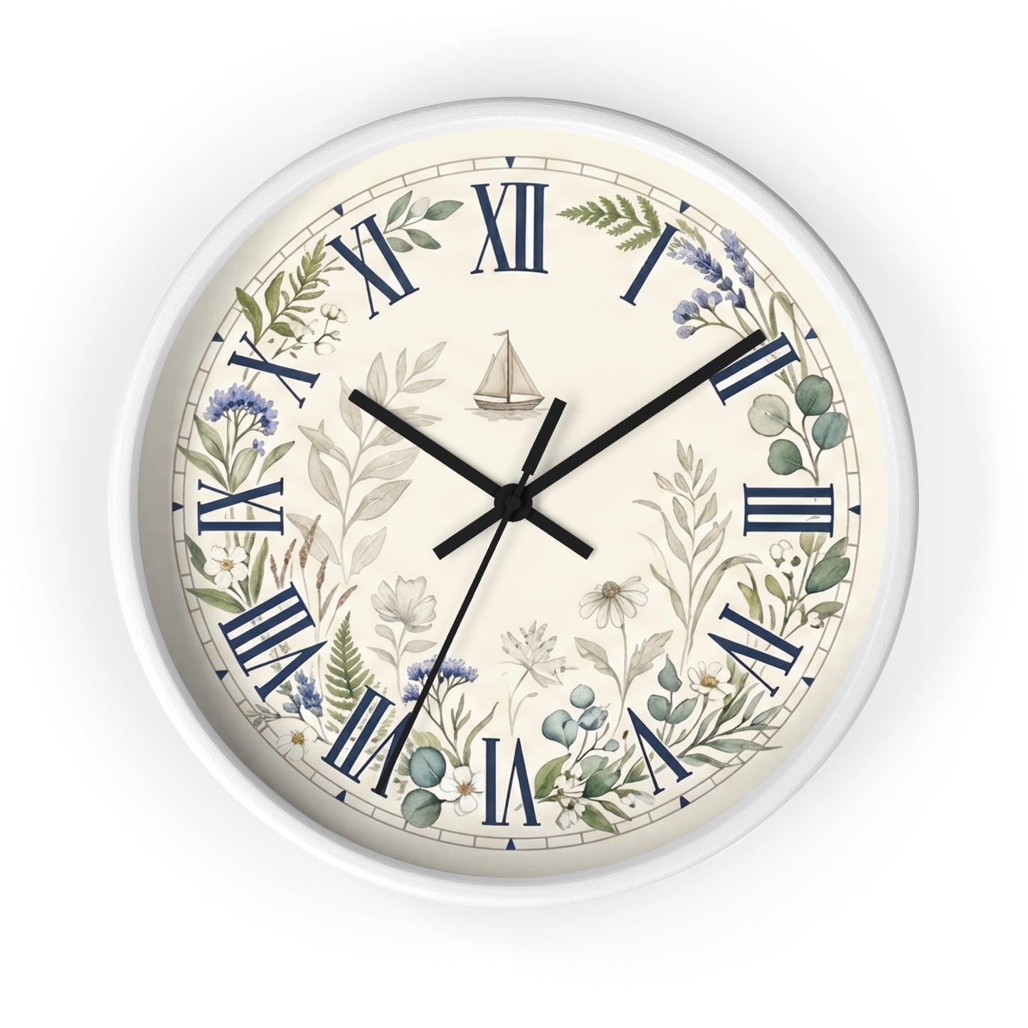 Nautical Floral Roman Numeral Wall Clock | Coastal and Greenery