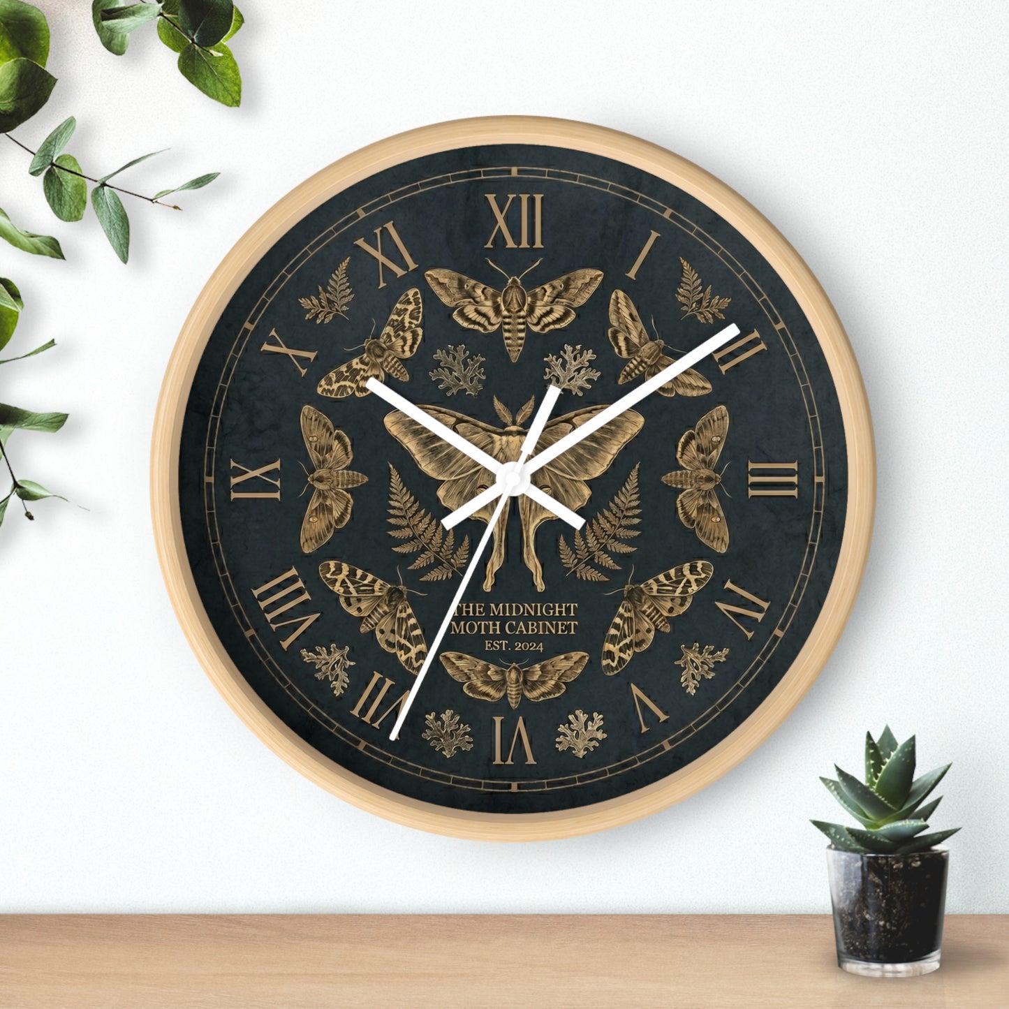 Midnight Moth Illustration Wall Clock | Vintage Moth Pattern, Roman Numerals