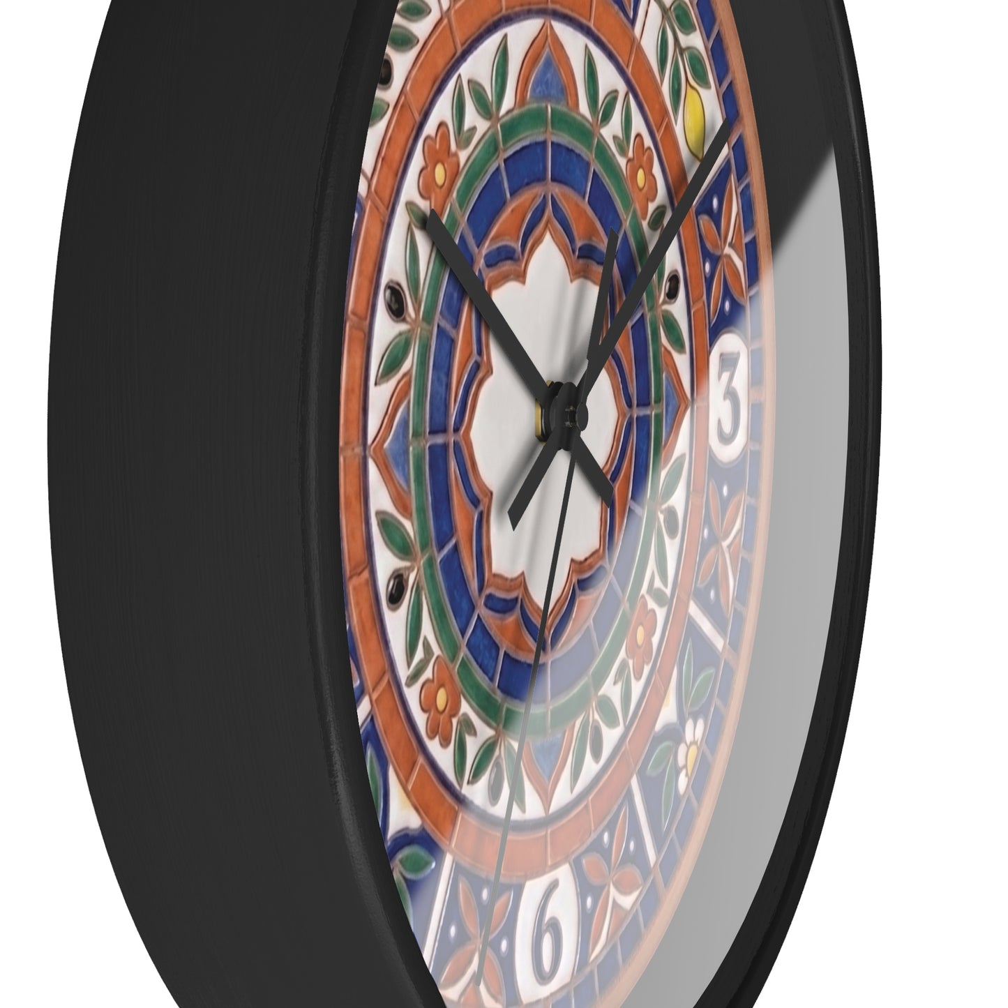 Mediterranean Mosaic Style Wall Clock - Terracotta Azure Blue Floral Faux Tile Botanical Decor