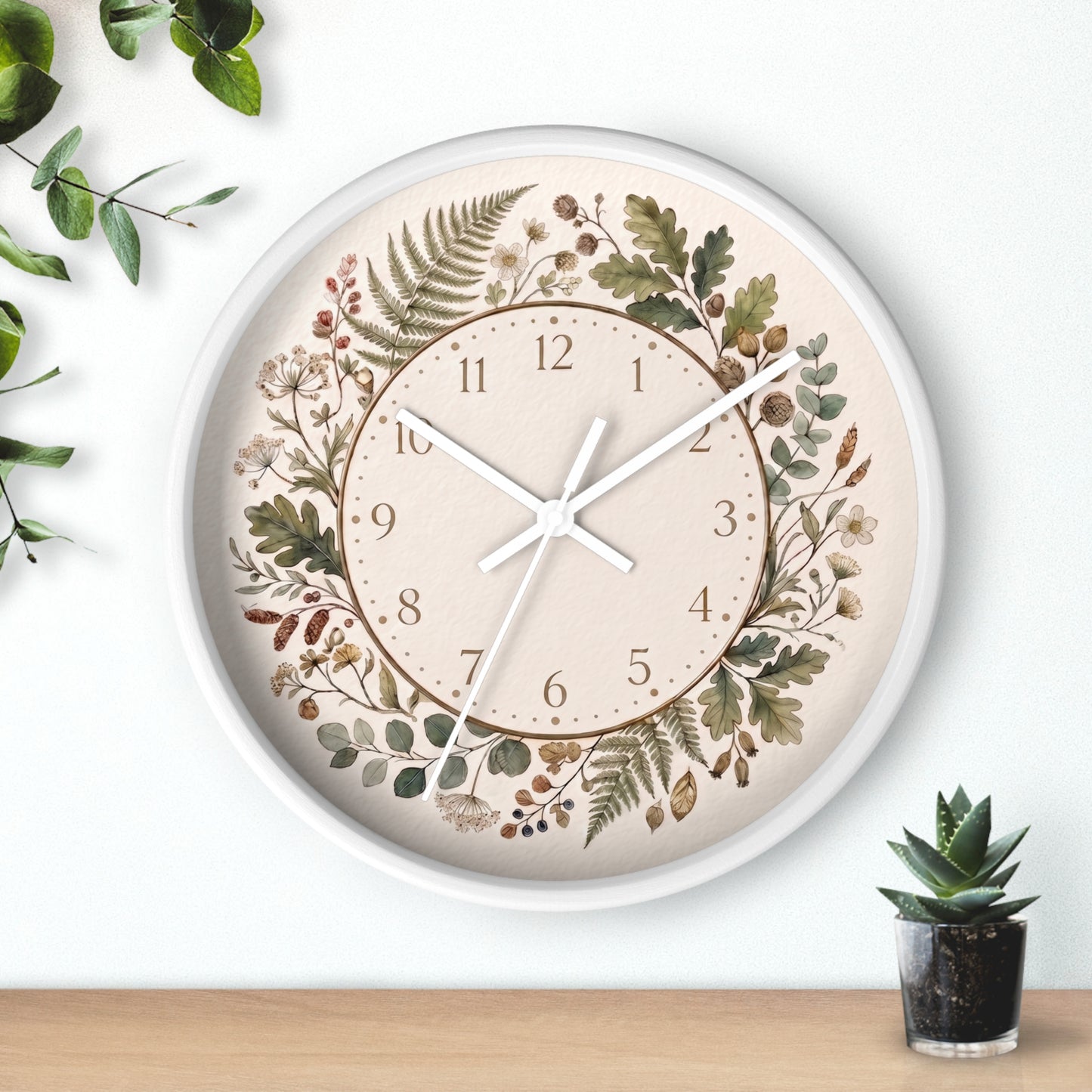 Botanical Wreath Wall Clock | Floral Foliage Illustration Clock, Neutral Nature Home Decor