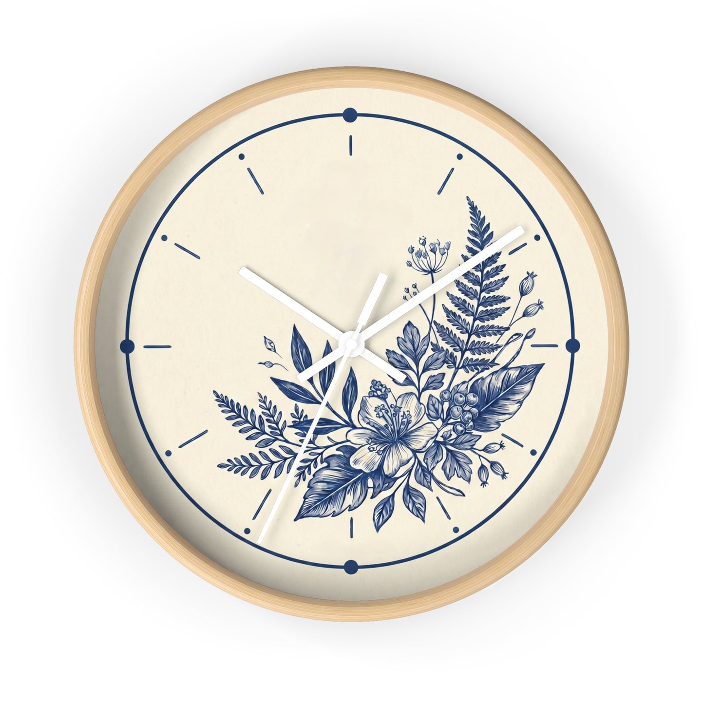 Blue Floral Illustration Wall Clock | Coastal Botanical Flower Clock