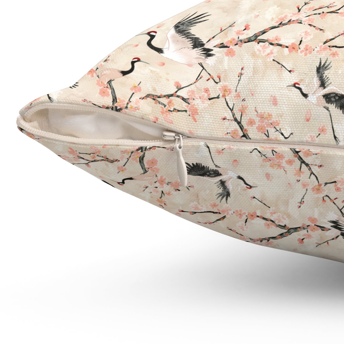 Cherry Blossom Crane Pillow | Floral Japanese Stork Pattern Square Pillow