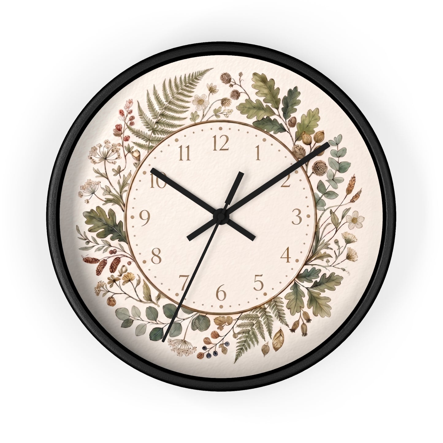 Botanical Wreath Wall Clock | Floral Foliage Illustration Clock, Neutral Nature Home Decor