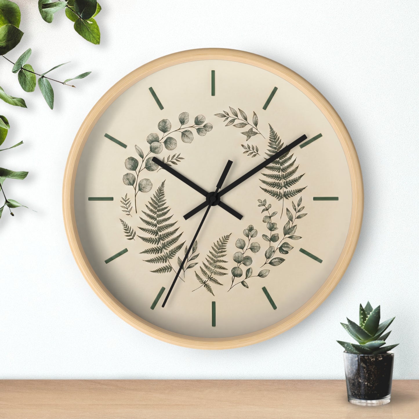 Botanical Fern Wreath Wall Clock | Neutral Eucalyptus Timepiece