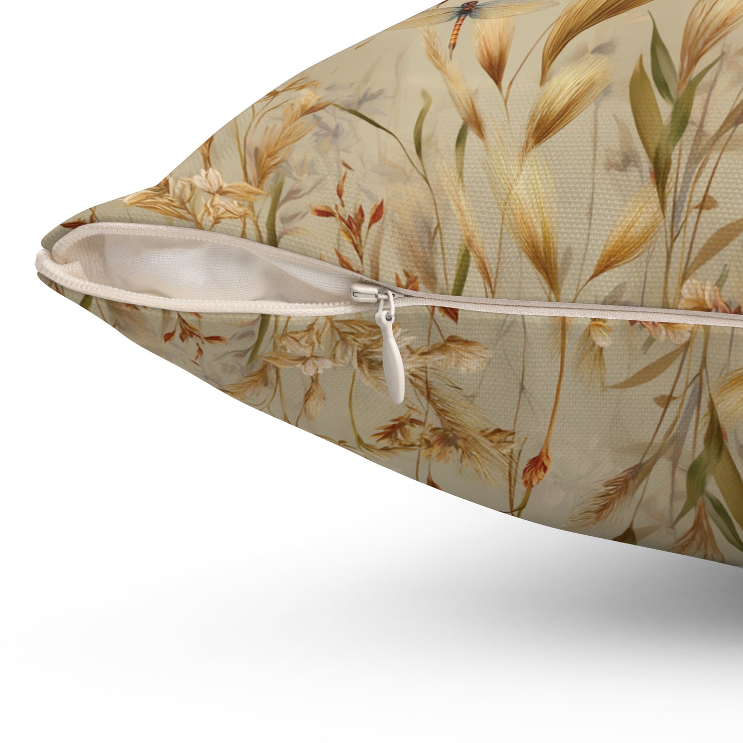 Neutral Botanical Print Pillow | Dried Wildflower Dragonfly Pattern, Square Throw Pillow