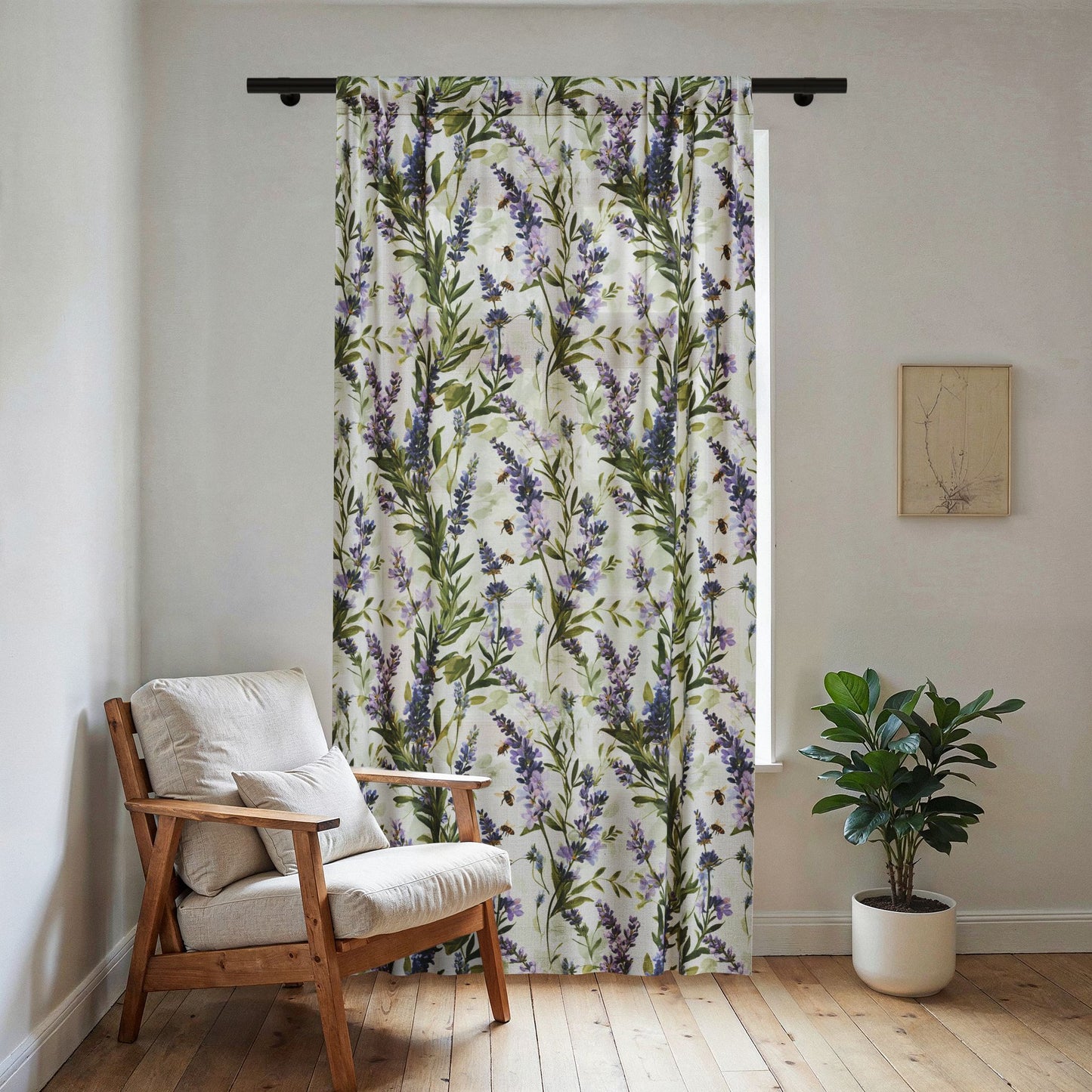 Lavender Botanical Bee Sheer Window Curtain | Floral Sheer Panel, Purple Green Vine Pattern