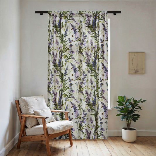 Lavender Botanical Bee Sheer Window Curtain | Floral Sheer Panel, Purple Green Vine Pattern