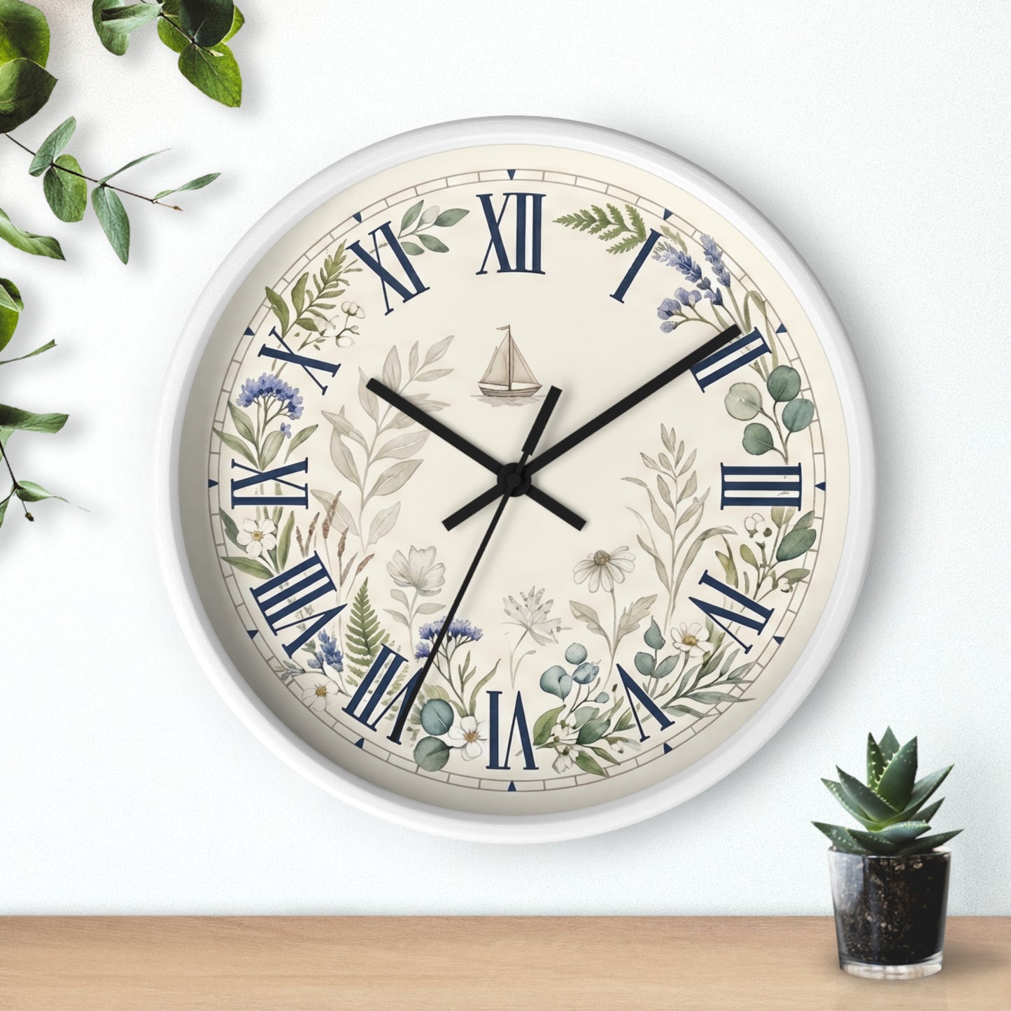 Nautical Floral Roman Numeral Wall Clock | Coastal and Greenery
