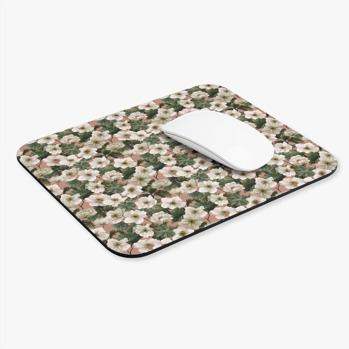 White Anemone Floral Mouse Pad | Pink Background, Botanical Desk Mat