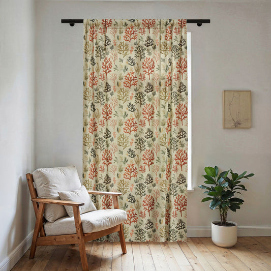 Botanical Coral Leaf Pattern Sheer Window Curtain | Coastal Floral Nature Print