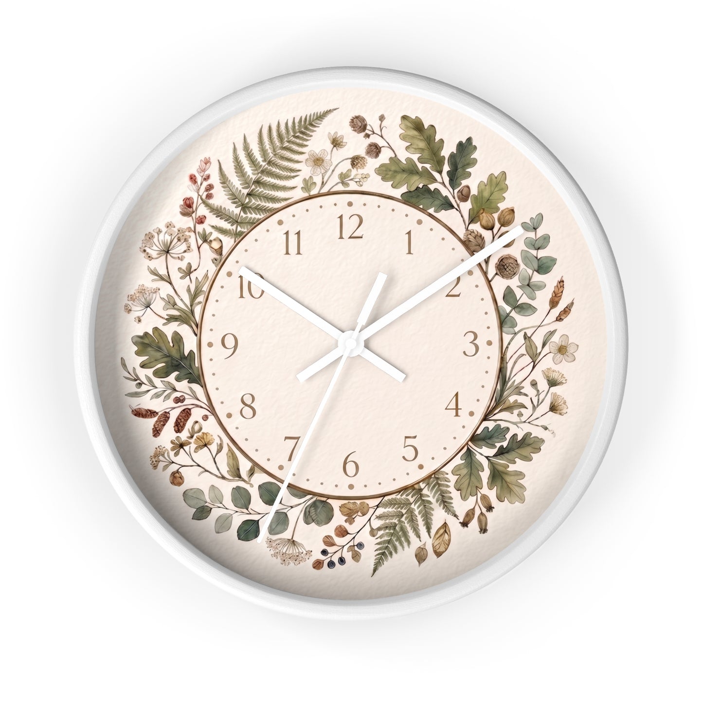 Botanical Wreath Wall Clock | Floral Foliage Illustration Clock, Neutral Nature Home Decor