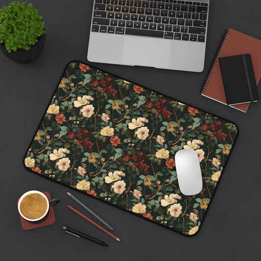 Vintage Botanical Floral Desk Mat | Dark Green Rose Pattern