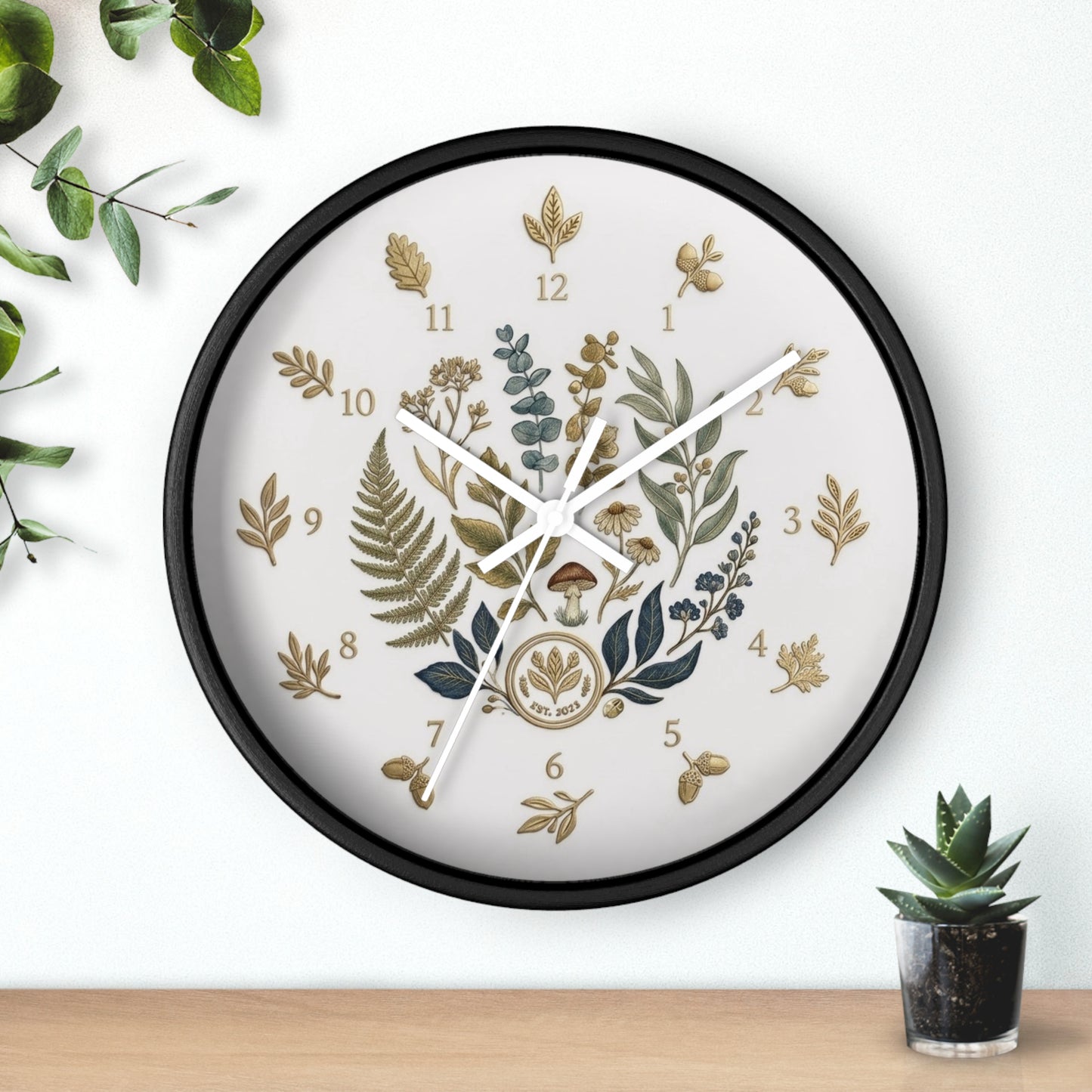 Botanical Wreath Wall Clock | Floral Fern Eucalyptus Illustration