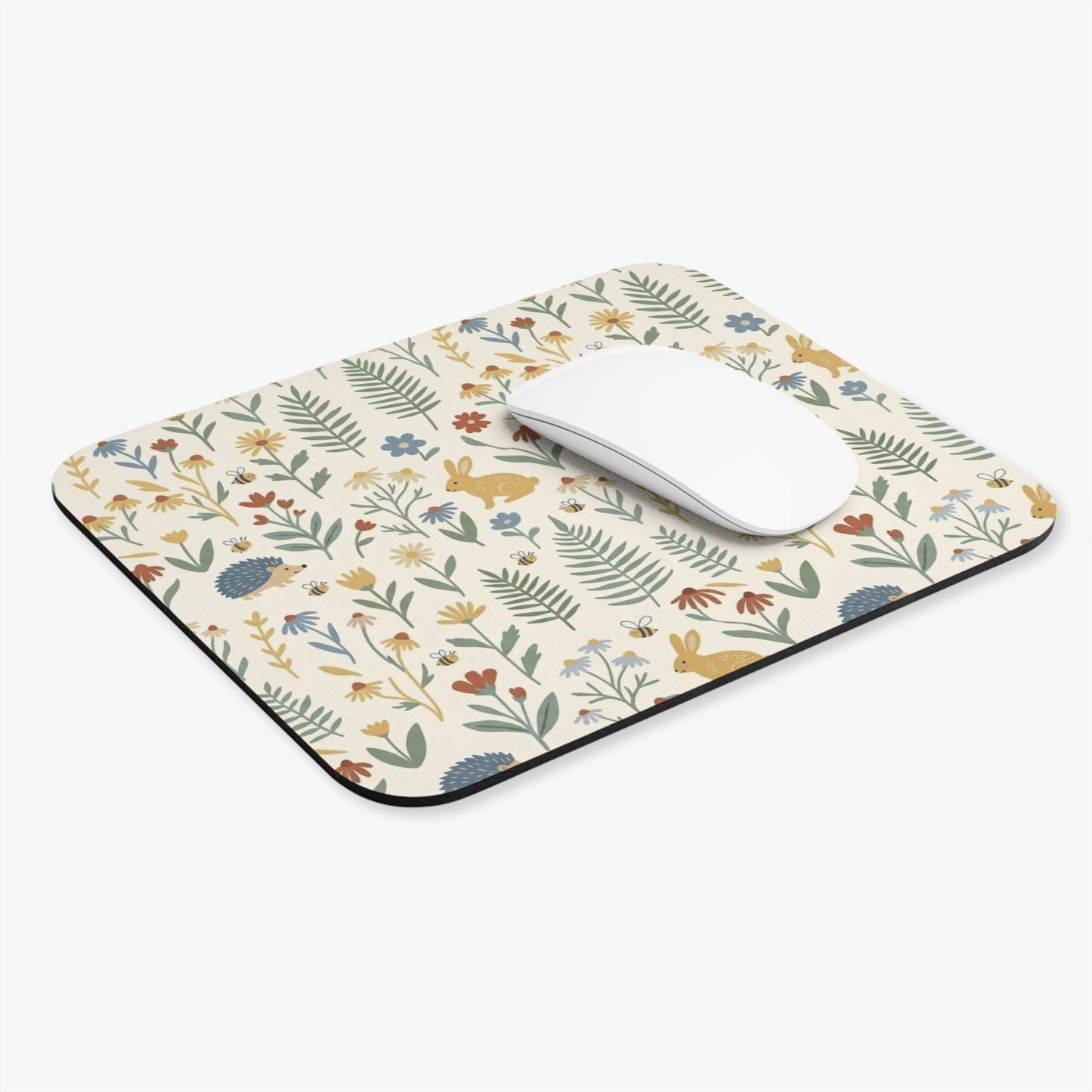 Woodland Floral Pattern Mouse Pad | Rabbits & Hedgehogs Botanical Desk Mat