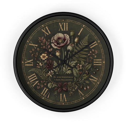 Vintage Poppy Belladonna Botanical Floral wall clock | Roman Numerals, Dark Cottagecore