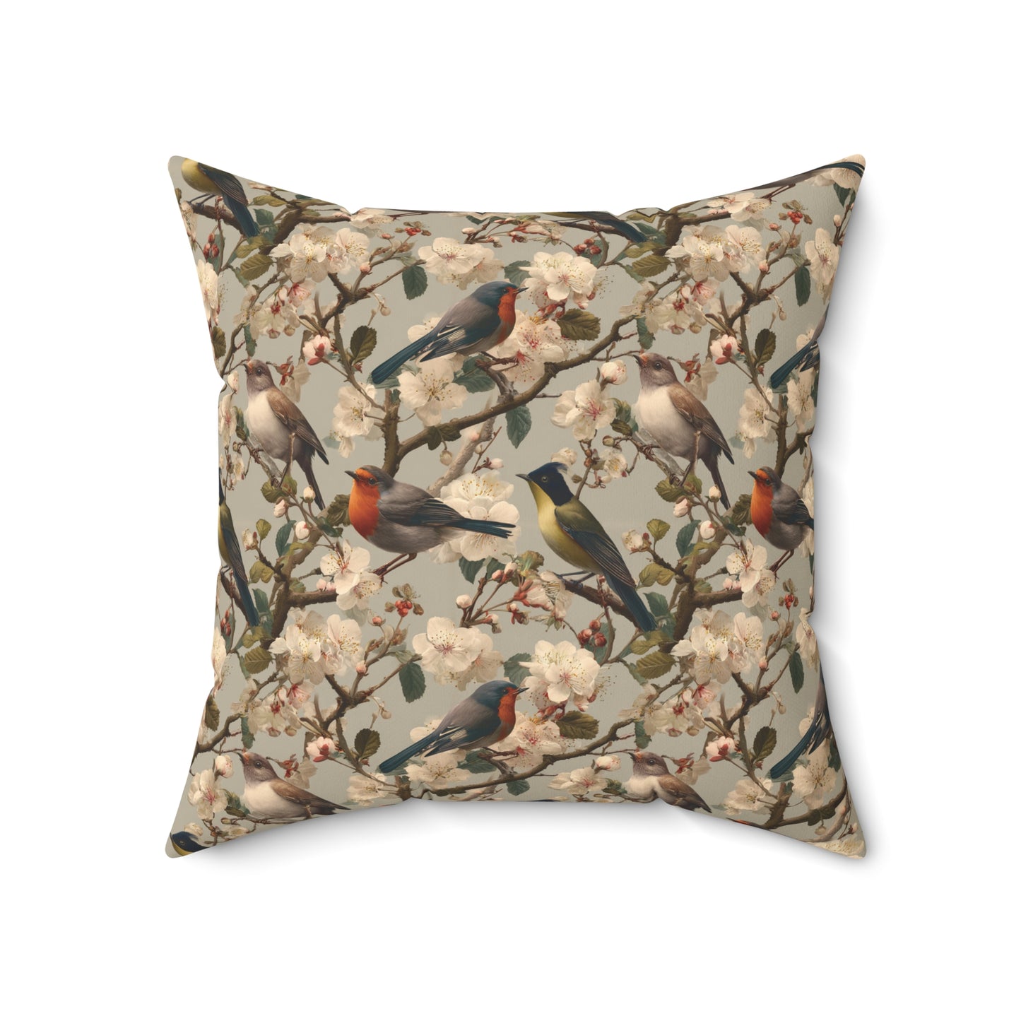 Vintage Floral Songbirds Pillow | Botanical Bird Pattern Square Pillow